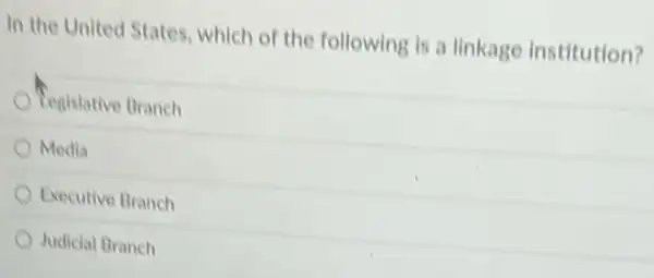 In the United States.which of the following is a linkage institution?
Tegislative Branch
Media
Executive Branch
Judicial Branch