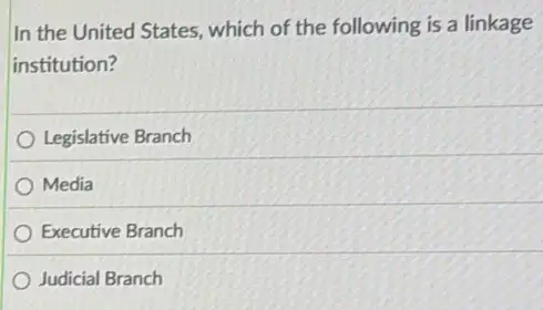 In the United States.which of the following is a linkage
institution?
Legislative Branch
Media
Executive Branch
Judicial Branch