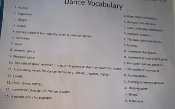 vance Vocabulary
B. distance from the floor
C. Slow, contrusas novement
D. elements of dance
1. Accent
2. Alignment
3. Allegro
4. Adagio
5. one leg supports the body the other is extended behind
6. locomotor
7. Axial
8. General Space
9. Personal space
10. The rate of speed at which the music is played or that the movement occurs
11. A line along which the dancer moves (e.g. circular,diagonal,zigzag)
12. Levels
13. time, space, energy
14. movements that do not change location
15. A person who choreographs.
A. Brisk, lively movements
E. The open space around you.
F. Pathway
G. movement that travels
H. movement around a fixed point
1. The space that you dance in.
J. Placement of body parts
K. Non-locomotor
L. A strong movement gesture
M. choreographer
N. Tempo
O. Arabesque