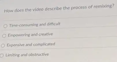 How does the video describe the process of remixing?
Time-consuming and difficult
Empowering and creative
Expensive and complicated
Limiting and obstructive