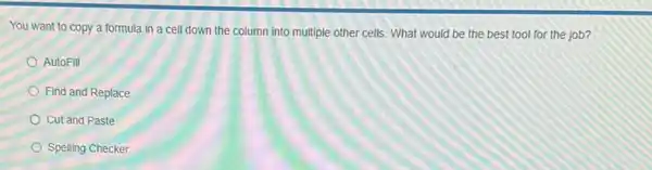 You want to copy a formula in a cell down the column into multiple other cells What would be the best tool for the job?
AutoFill
Find and Replace
Cut and Paste
Spelling Checker