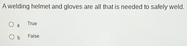 A welding helmet and gloves are all that is needed to safely weld.
a True
b False