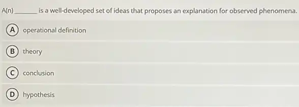 A(n) __ is a well-developed set of ideas that proposes an explanation for observed phenomena.
A operational definition
B theory
C conclusion
D hypothesis