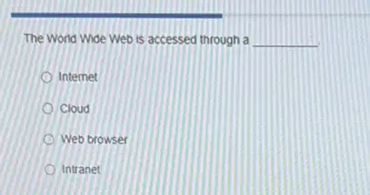 The World Wide Web is accessed through a __
Internet
Cloud
Web browser
Intranet