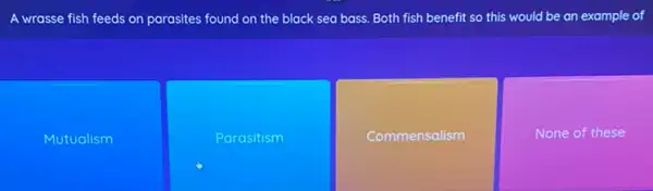 A wrasse fish feeds on parasites found on the black sea bass. Both fish benefit so this would be an example of
Mutualism
Parasitism
Commensalism
None of these