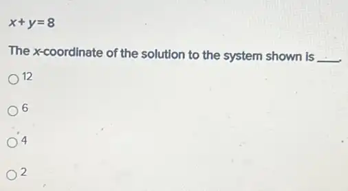 x+y=8
The x-coordinate of the solution to the system shown is __
12
6
4
2