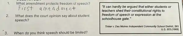 1. What amendment protects freedom of speech?
2. What does the court opinion say about student
speech?
3.When do you think speech should be limited?
"It can hardly be argued that either students or
teachers shed their constitutional rights to
freedom of speech or expression at the
schoolhouse gate."
Tinker v. Des Moines Independent Community School District, 393
U.S. 503 (1969)