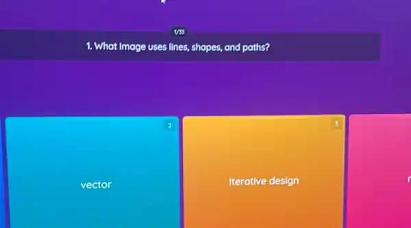 1. What image uses lines shapes, and paths?
2
vector
Iterative design