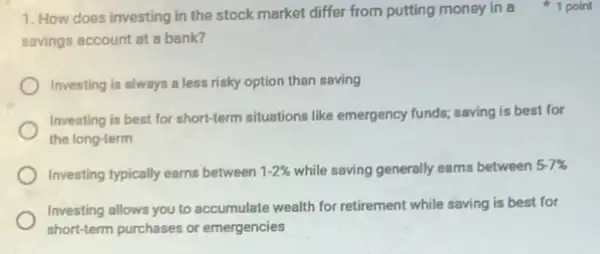 1. How does investing in the stock market differ from putting money in a 1 point
savings account at a bank?
Investing is always a less risky option than saving
Investing is best for short-term situations like emergency funds; saving is best for
the long-term
Investing typically earns between 1-2%  while saving generally earns between
5-7% 
Investing allows you to accumulate wealth for retirement while saving is best for
short-term purchases or emergencies