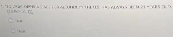 1. THE LEGAL DRINKING AGE FOR ALCOHOLIN THE U.S. HAS ALWAYS BEEN 21 YEARS OLD.
(2.5 Points) [4
TRUE
FALSE