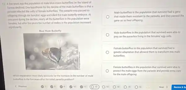 12. Afew years ago the population of male blue moon butterflies on the island of
Samoa declined. One hypothesis for the decline of the male butterflies is that a
parasite infected the cells of female butterflies. The parasite was passed to
offspring through the females eggs and killed the male butterfly embryos. At
one point during the decline, nearly all the butterflies in the population were
females, but after five years the number of males in the population increased
significantly
Blue Moon Butterfly
.
Which explanation most likely accounts for the increase in the number of male
butterflies in the five years after the initial parasite problem?
Male butterflies in the population that survived had a gene
that made them resistant to the parasite, and they passed the
gene on to their offspring
Male butterflies in the population that survived were able to
prey on the parasites living in the females'egg cells.
Female butterflies in the population that survived had a
genetic adaptation that allowed them to transform into male
butterflies.
Female butterflies in the population that survived were able to
protect the male eggs from the parasite and provide extra care
for the male offspring.