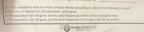 13. If this population were to remain in Hardy Weinberg Equilibrium which of the following is correct?
A) Since it is at equilibrium, the population cannot grow.
B) The population can still grow, but the allele frequencies remain constant each generation.
C) The population can still grow, but the allele frequencies may change in the new generation.
Amoeba Sisters LLC