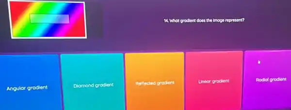 14. What grodient does the Imoge represent?
Angular gradient
Diamond gradient
Reflected grodient
Linear grodient
Rodial grodient