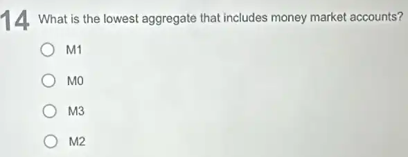 14. What is the lowest aggregate that includes money market accounts?
m1
mo
M3
m2