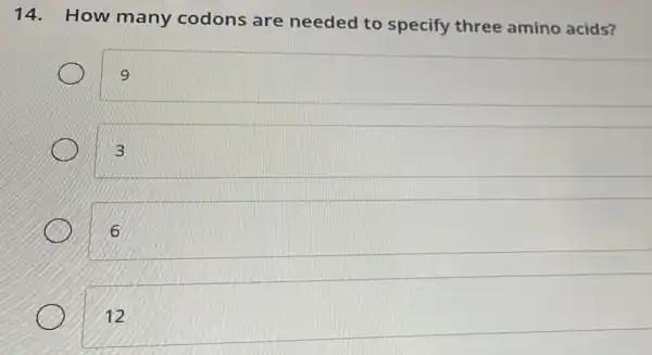 14. How many codons are needed to specify three amino acids?
9
3
6
I
12