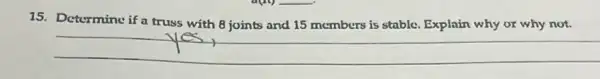 15. Determine if a truss with 8 joints and 15 members is stable. Explain why or why not.
__