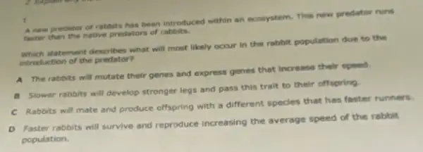 1.
A new predator of rabbits has been introduced within an ecosystem. This new predator runs
faster than the native predators of rabbits.
statement describes what will most likely occur in the rabbit population due to the
introduction of the predator?
A The rabbits will mutate their genes and express genes that increase their speed.
B Slower rabbits will develop stronger legs and pass this trait to their offspring.
C Rabbits will mate and produce offspring with a different species that has faster runners.
D Faster rabbits will survive and reproduce increasing the average speed of the rabbit
population.
