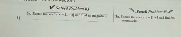 1)
__
Solved Problem #3
3a. Sketch the vector v=3i-3j and find its magnitude.
__
. Pencil Problem #36
3a. Sketch the vector v=3i+j and find its
magnitude.