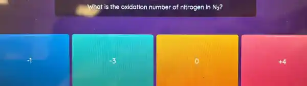 -1
What is the oxidation number of nitrogen in N_(2)
-3
+4