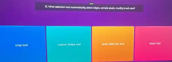 21. What selection tool outomotically select ct edges, somple pbrels, modify brush size?
crop tool
custom shope tool
quick selection tool
lasso tool