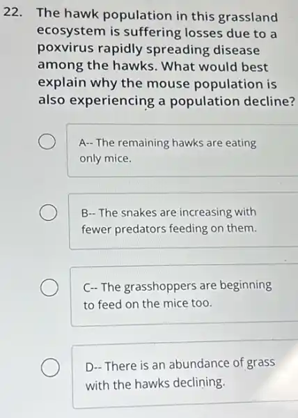 22. The hawk population in this grassland
ecosystem is suffering losses due to a
poxvirus rapidly spreading disease
among the hawks . What would best
explain why the mouse population is
also experiencing a population decline?
A- The remaining hawks are eating
only mice.
B- The snakes are increasing with
fewer predators feeding on them.
C-The grasshoppers are beginning
to feed on the mice too.
D- There is an abundance of grass