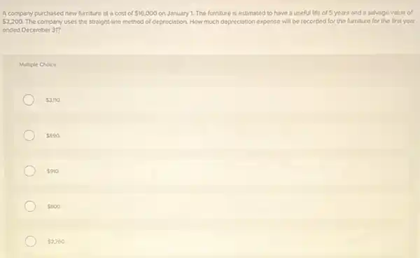 2,200. The company uses the straight-line method of depreciation How much depreciation expense will be recorded for the furniture for the first year
A company purchased new furniture at a cost of 16,000 on January 1. The furniture is estimated to have a useful life of 5 years and a salvage value of
ended December 31?
Multiple Choice
 3,110.
 690.
 910.
 800.
 2,760.