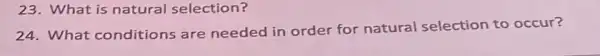 23. What is natural selection?
24. What conditions are needed in order for natural selection to occur?