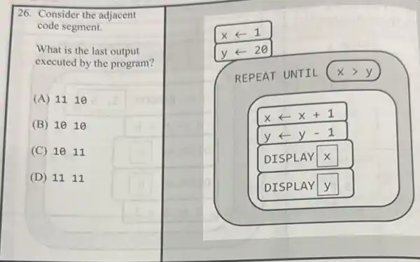 26. Consider the adjacent
code segment.
What is the last output
executed by the program?
(A) 1110
(B) 1010
(C) 1011
(D) 1111
xarrow 1
yarrow 20
REPEAT
UNTIL xgt y
xarrow x+1
yarrow y-1
DISPLAY square 
DISPLAY y