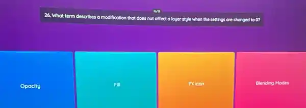 26. What term describes a mos modificotion that does not offect	style when the settings are changed to 0?
Opacity
FIII
FX icon
Blending Modes