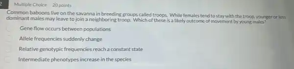 2
Multiple Choice 20 points
Common baboons live on the savanna in breeding groups called troops. While females tend to stay with the troop, younger or less
dominant males may leave to join a neighboring troop. Which of these is a likely outcome of movement by young males?
Gene flow occurs between populations
Allele frequencies suddenly change
Relative genotypic frequencies reach a constant state
Intermediate phenotypes increase in the species