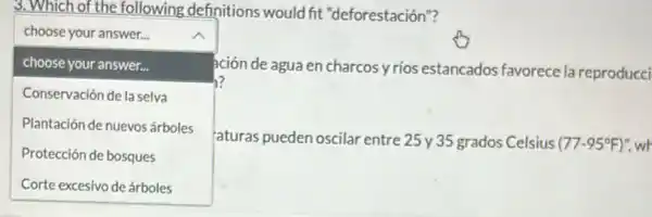 3. Which of the following definitions would fit "deforestación"?
square 
ación de agua en charcos yrios estancados favorece la reproducci choose your answer...
h?
Conservación de la selva
Plantación de nuevos árboles
Protección de bosques
aturas pueden oscilar entre 25 y 35 grados Celsius (77-95^circ F)'' wh