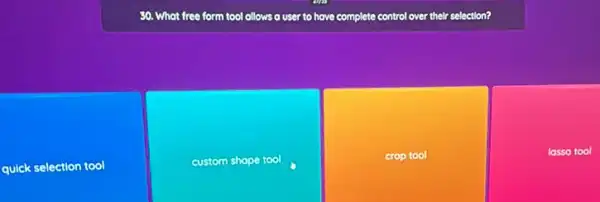 30. What free form tool allows a user to have complete control over their selection?
quick selection tool
custom shope tool
crop tool
lasso tool