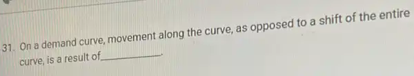 31. On a demand curve, movement along the curve, as opposed I to a shift of the entire
curve, is a result of __