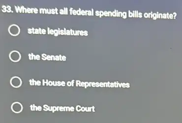 33. Where must all federal spending bills originate?
state legislatures
the Senate
the House of Representatives
the Supreme Court