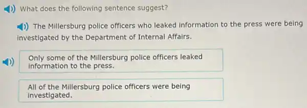 4) What does the following sentence suggest?
4)) The Millersburg police officers who leaked information to the press were being
investigated by the Department of Internal Affairs.
Only some of the Millersburg police officers leaked
information to the press.
All of the Millersburg police officers were being
investigated.