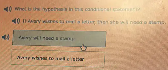 4) What is the hypothesis In this conditional statement?
1) If Avery wishes to mall a letter then she will need a stamp.
Avery will need a stamp
Avery wishes to mail a letter