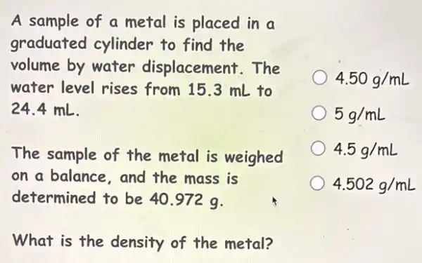 4.50g/mL
5g/mL
4.5g/mL
A sample of a metal is placed in a
graduated cylinder to find the
volume by water displacement.The
water level rises from 15.3 mL to
24.4 mL.
The sample of the metal is weighed
on a balance, and the mass is
determined to be 40.972 g.
What is the density of the metal?
4.502g/mL