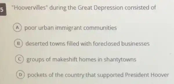 5 "Hoovervilles''during the Great Depression consisted of
A poor urban immigrant communities
B deserted towns filled with foreclosec businesses
C groups of makeshift homes in shantytowns
D pockets of the country that supported President Hoover