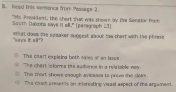 5. Read this sentence from Passage 2.
"Mr. President, the chart that was shown by the Senator from
South Dakota says it all." (paragraph 13)
What does the speaker suggest about the chart with the phrase
"says it all"?
A The chart explains both sides of an issue.
The chart informs the audience in a relatable way.
C The chart shows enough evidence to prove the claim.
C The chart presents an Interesting visual aspect of the argument.