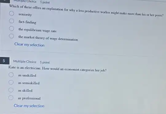 5
Multiple Choice 1 point
Which of these offers an explanation for why a less productive worker might make more than his or her peers?
seniority
fact-finding
the equilibrium wage rate
the market theory of wage determination
Clear my selection
Multiple Choice 1 point
Kate is an electrician How would an economist categorize her job?
as unskilled
as semiskilled
as skilled
as professional
Clear my selection