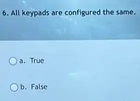 6. All keypads are configured the same.
a. True
b. False