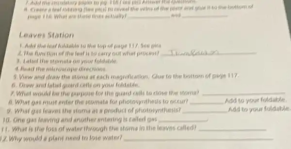 7. Add the circulatory paper to pay-116(see plo)Answer the questions.
A. Create a leaf rubbing (beepics) to reveal the veins of the plant and glue it to the bottom of
page 110. What are these lines actually?	and
Leaves Station
1. Add the leaf foldable to the top of page 117, See nics
2. The function of the leaf is to carry out what process? __
3. Label the stomate on your foldable.
4. Read the microse ope directions.
5. View and draw the stoma at each magnification. Glue to the bottom of page 117.
6. Draw and label guard cells on your foldable.
7. What would be the purpose for the guard cells to close the stoma?
__
B. What gas must enter the stomata for photosynthesis to occur? __ Add to your foldable.
9. What gas leaves the stoma as a product of photosynthesis? __ Add to
10. One gas leaving and another entering is called gas __
11. What is the loss of water through the stoma in the leaves called? __
12.Why would a plant need to lose water? __