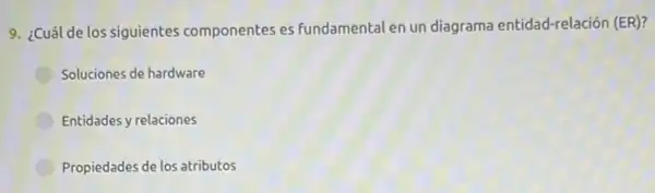 9. ¿Cuál de los siguientes componentes es fundamental en un diagrama entidad-relación (ER)
Soluciones de hardware
Entidades y relaciones
Propiedades de los atributos