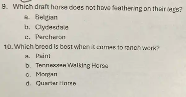 9. Which draft horse does not have feathering on their legs?
a. Belgian
b. Clydesdale
c. Percheron
10. Which breed is best when it comes to ranch work?
a. Paint
b. Tennessee Walking Horse
c. Morgan
d. Quarter Horse