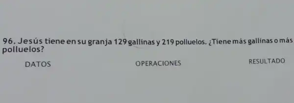 96. Jesús tiene en sugranja 129 gallinas y 219 polluelos. ¿Tiene más gallinas o más
polluelos?
DATOS
OPERACIONES
RESULTADO