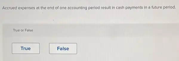 Accrued expenses at the end of one accounting period result in cash payments in a future period.
True or False
True
False