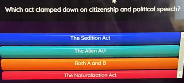 Which act clamped down on citizenship and political speech?
The Sedition Act
The Alien Act
Both A and B
The Naturalization Act