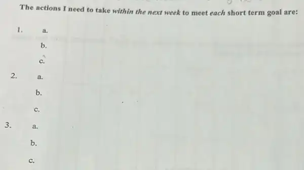 The actions I need to take within the next week to meet each short term goal are:
1.	a.
b.
C.
2.	a.
b.
C.
3.	a.
b.
C.