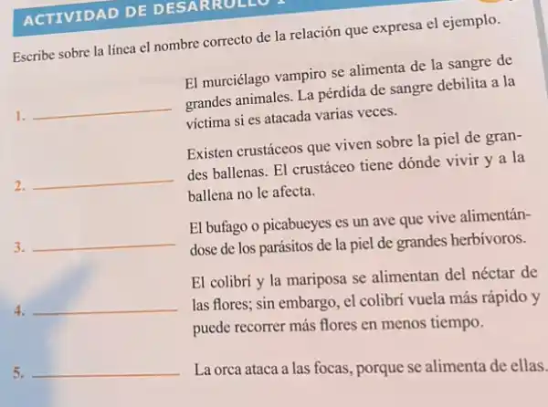 ACTIVIDAD DE DESARR
Escribe sobre la línea el nombre correcto de la relación que expresa el ejemplo.
El murciélago vampiro se alimenta de la sangre de
1. __ grandes animales. La pérdida de sangre debilita a la
víctima si es atacada varias veces.
Existen crustáceos que viven sobre la piel de gran-
2. __
des ballenas. El crustáceo tiene dónde vivir y a la
ballena no le afecta.
3. __ El bufago o picabueyes es un ave que vive alimentán-
dose de los parásitos de la piel de grandes herbívoros.
El colibrí y la mariposa se alimentan del néctar de
4. __
las flores; sin embargo , el colibri vuela más rápido y
puede recorrer más flores en menos tiempo.
5. __
La orca ataca a las focas, porque se alimenta de ellas