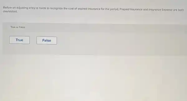 Before an adjusting entry is made to recognize the cost of expired insurance for the period.Prepaid Insurance and Insurance Expense are both
overstated.
True or False
True